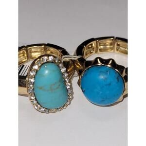 Goldtone ViVI Stretch Band Two Rings Imitation Turquoise Clear Rhinestone Halo